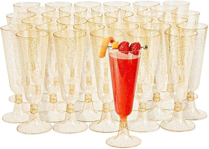MATANA 50 Premium Plastic Champagne Flutes, Gold Glitter, 5oz - Reusable Cocktail Glasses for Mimosa, Dessert, Wine - Toas...