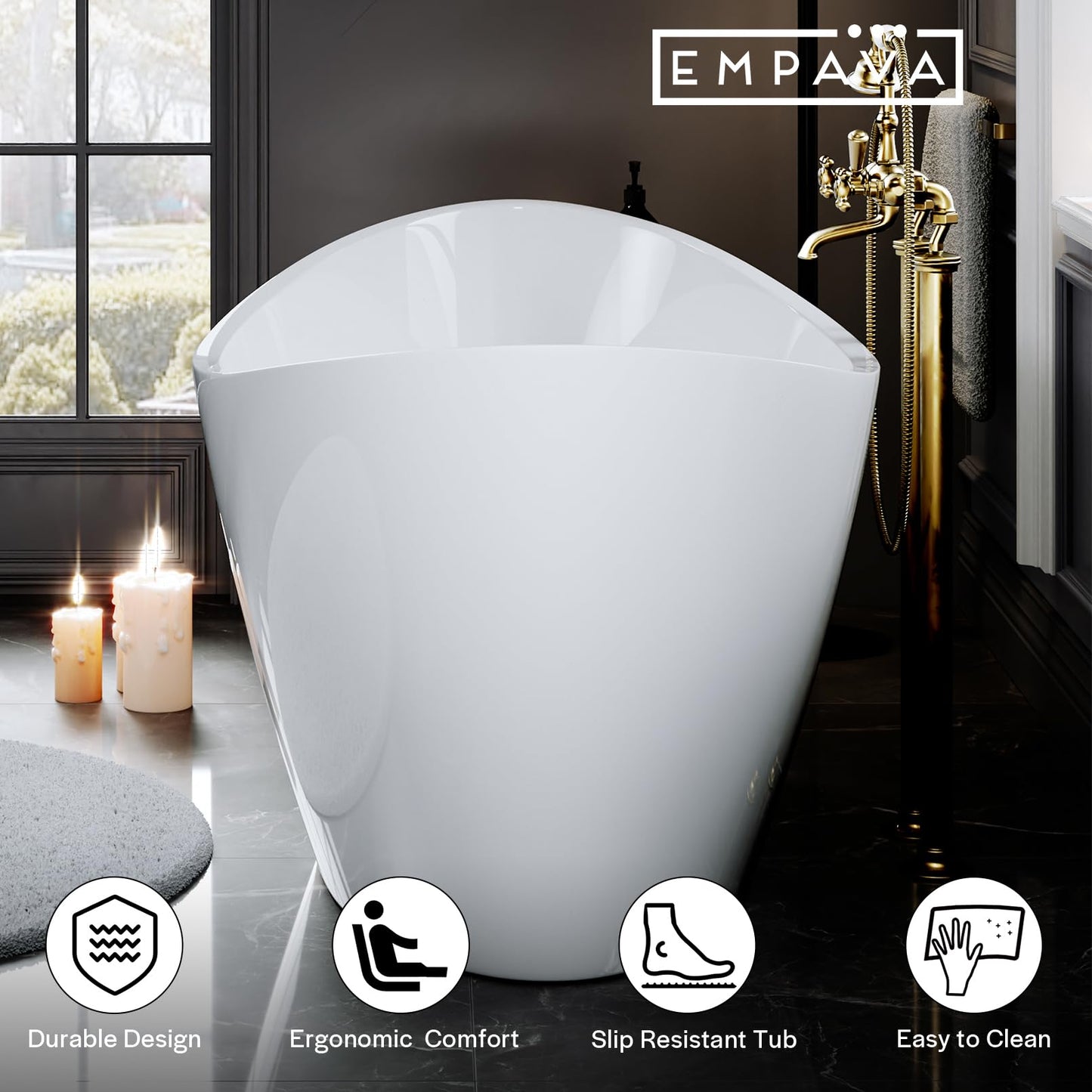Empava Bathtub, 67" Soaking Tub, Acrylic Free Standing Tub with Center Drain and Overflow, Contemporary Design Bathtub for Bathroom, cUPC Certified, Glossy White