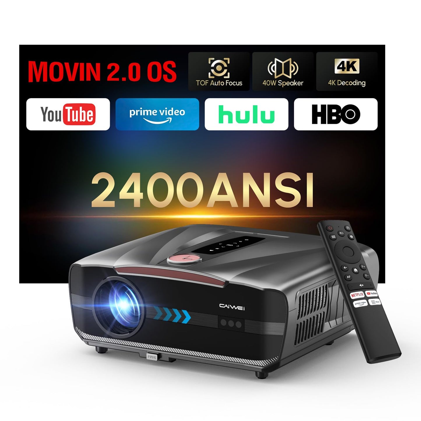 Daytime Projector 4K Home Theater 2400 ANSI,HDR10+,Auto Lens Cap/Focus/Keystone,Smart TV Projector with Apps,WiFi,Bluetooth,2*38W Speakers,2 HDMI eARC/CEC,for HD Indoor Movie Gaming Room Ceiling 2026