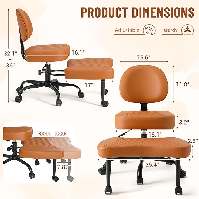 Homall Ergonomic Cross Legged Office Desk Chair with Wheels, 360° Swivel and Adjustable Height for Meditation and ADHD,Criss Cross Kneeling Chair with Lumbar Support (Leather, Brown)