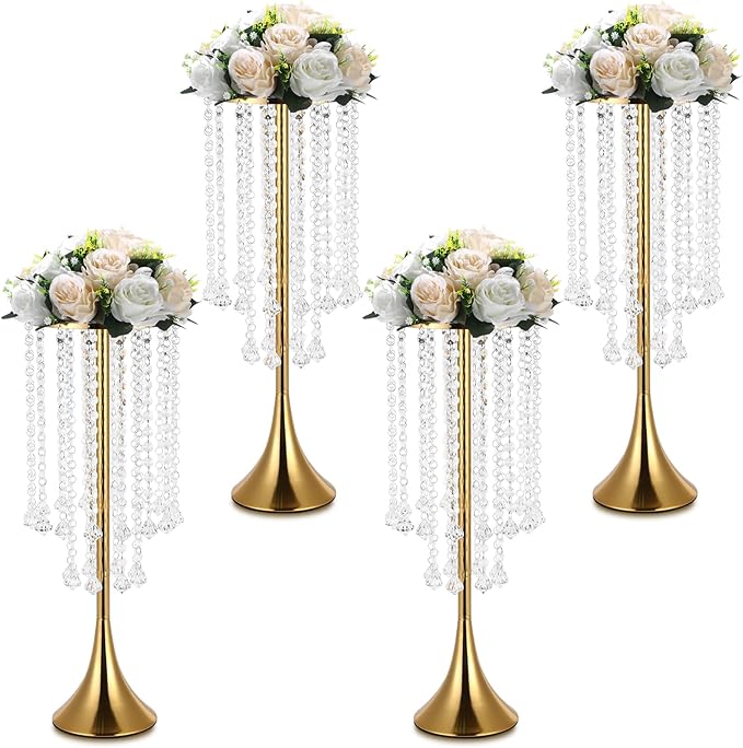 4 Pcs Gold Centerpieces for Table, Rozrety Wedding Centerpiece Vases for Tables 22inch Tall Metal Crystal Flower Stand for...