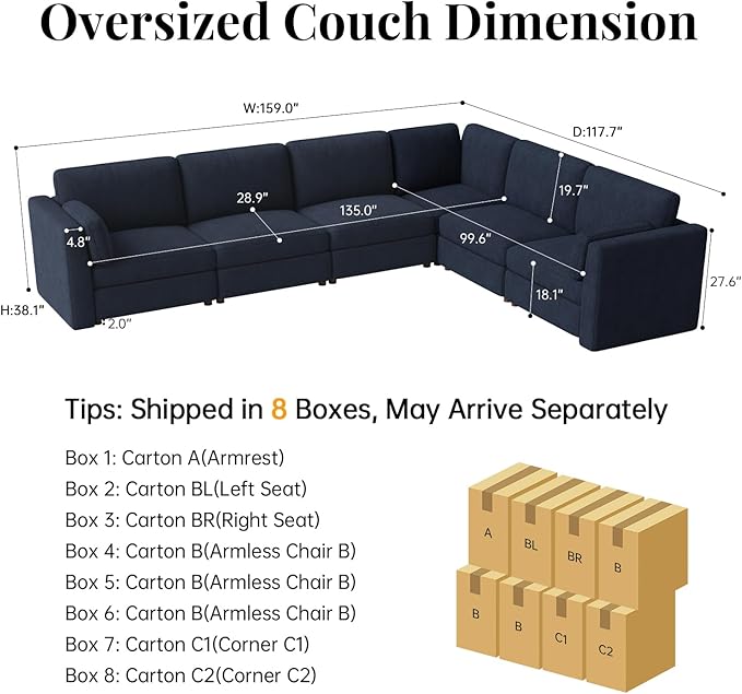 CUGOAO 159'' Modular Sectional Sofa, Oversized L-Shaped Sectional Couch, Deep Seat Chenille Cloud Couch, Removable Cover, Mordern Upholstered Couches for Living Room, Apartment, Office, Blue