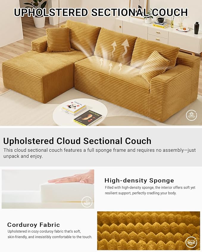 105 Inch Modular Sectional Sofa,Modern Cloud Sectional Couch with Deep Seat,Corduroy Boneless Couches with L-Shape Chaise for Living Room Bedroom,No Assembly Required (Yellow, Left Facing Chaise)