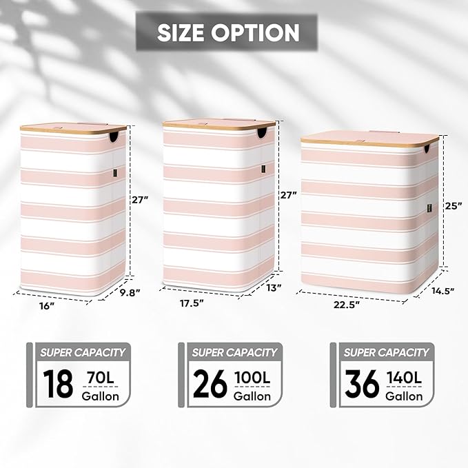 BALEINE Laundry Hamper with Lid, Tall Laundry Baskets with Bamboo Pull Handles, Large Laundry Bin with Internal Support (18 Gal/70L, Pink Stripe)