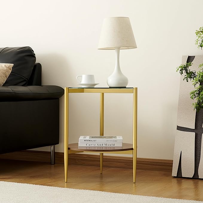 Pine Flicker Round End Table, Mid-Century Modern Design, D20*H23 inch, for Living Room, 2-Tier Structure, Clear Glass Top and Walnut MDF Shelf, Sleek Conical Metal Legs with Gold Finish