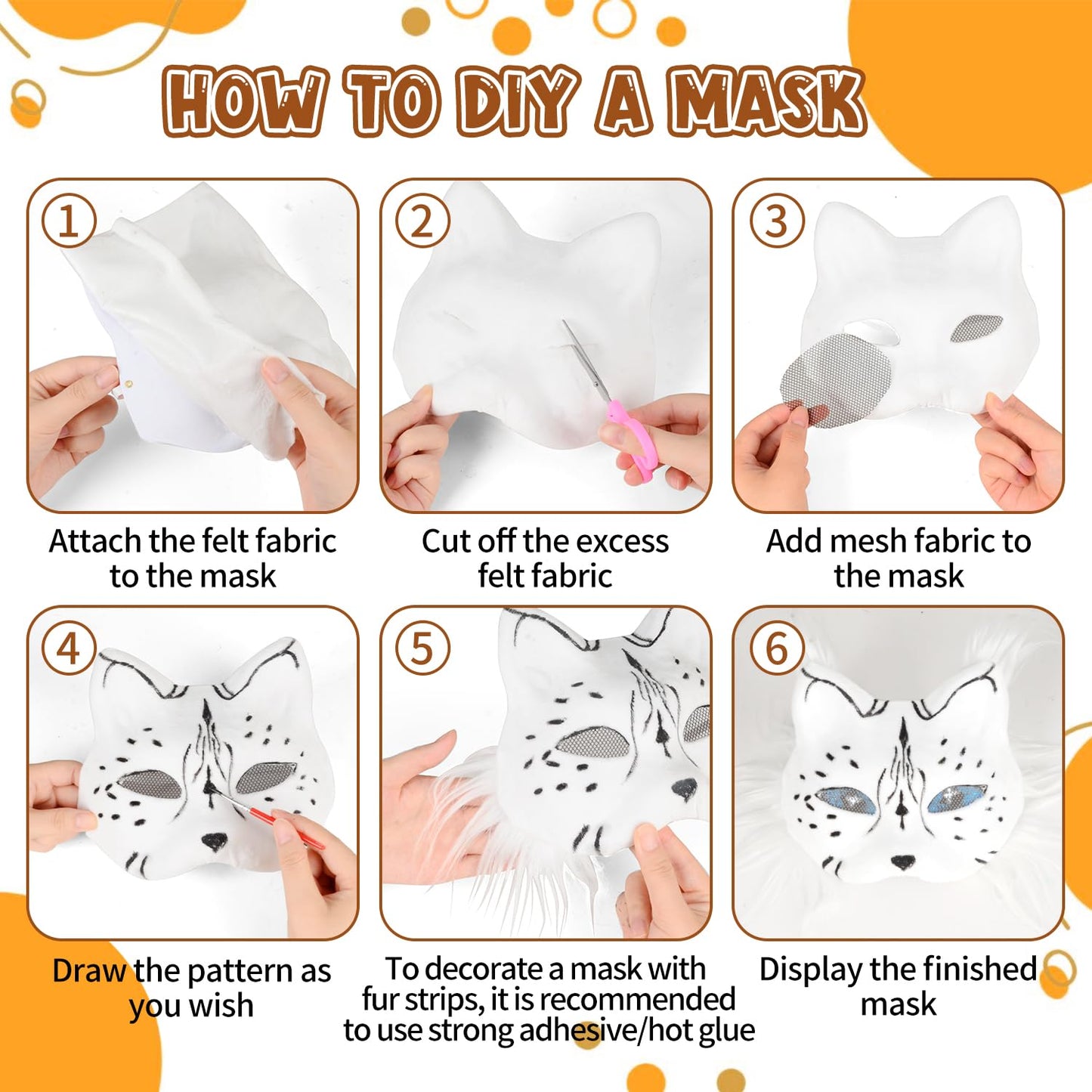 DIY Therian Mask Kit Blank Furry Cat Mask with Soft Felt Fabric Sheet Therian Gear Stuff for Masquerade Halloween Cosplay Party