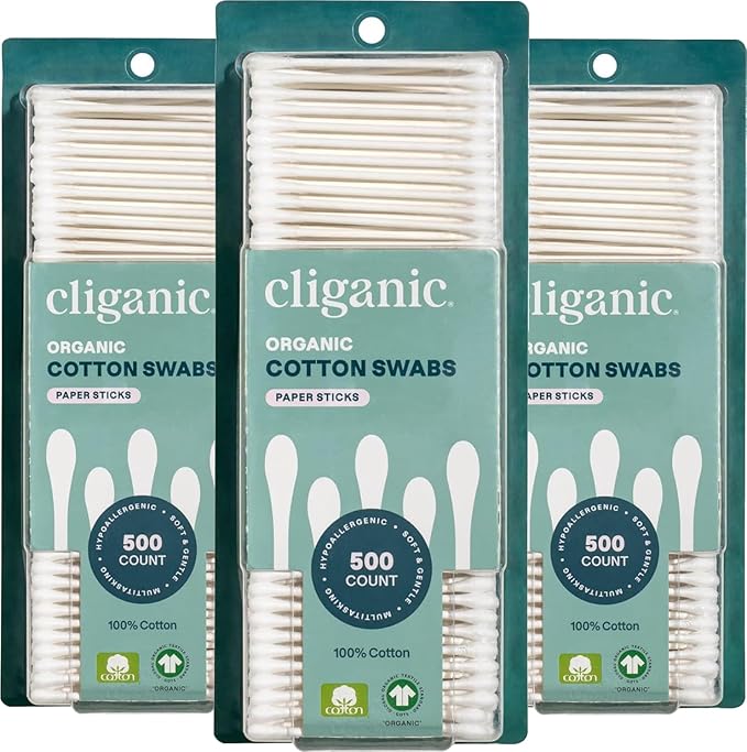 Cliganic Organic Cotton Swabs, 1500 Count - 100% Pure Natural Cotton, Chlorine-Free Hypoallergenic, Soft, Gentle & Absorbent Buds