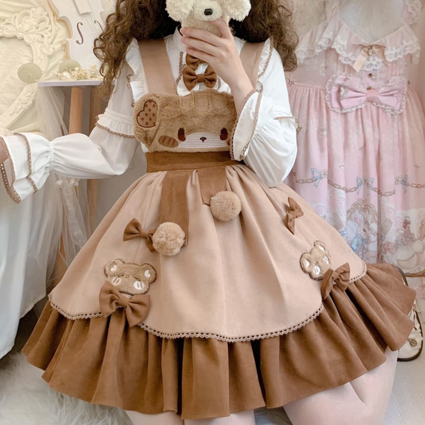 Teen Girls Japanese Kawaii Lolita Costume Plush Cute Bear Suspender Dress Sweet High Waist Princess Party Dresses (as1, alpha, s, regular, Brown, Small)