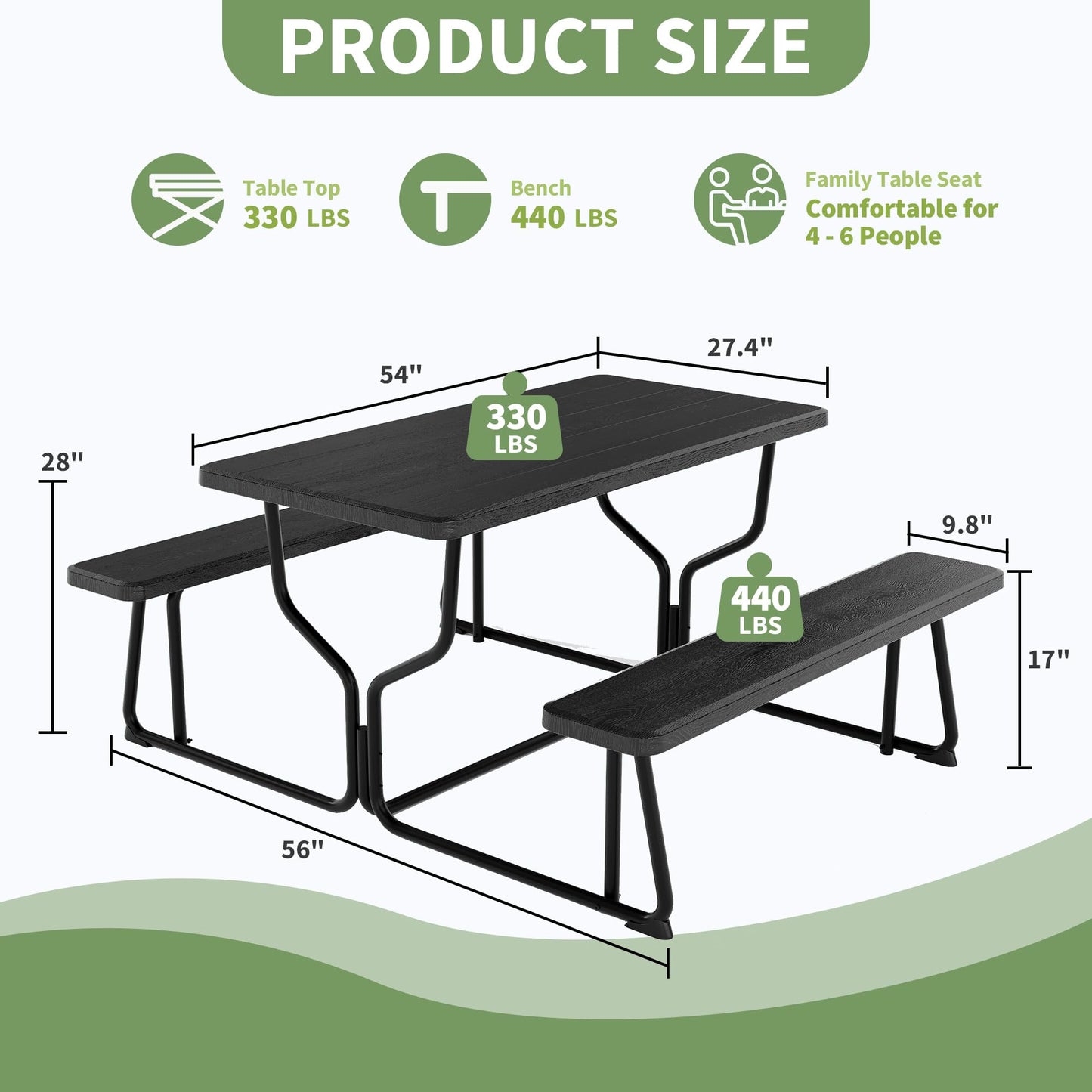 Outdoor Picnic Tables with Benches, Portable Picnic Table with Seats, Plastics Picnic Table Bench Set with Metal Frame, Large Camping Table Chair Set for Patio Deck Lawn Garden Backyard, Black