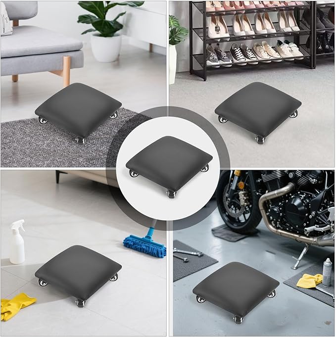 FLOLXNB Low Height Rolling Stool Low Roller Seat PU Leather Square Roller Seat Stool Low Rolling Chair for Home Office Fitness Garage (Black)