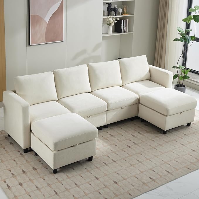 WUTUTUEE 107”Modular Sectional Sofa Convertible U Shaped Sofa Couch Set with Storage for Living Room, Modern 6 Seater Modular Sectional Couch with Movable Ottoman, Chenille(Beige)