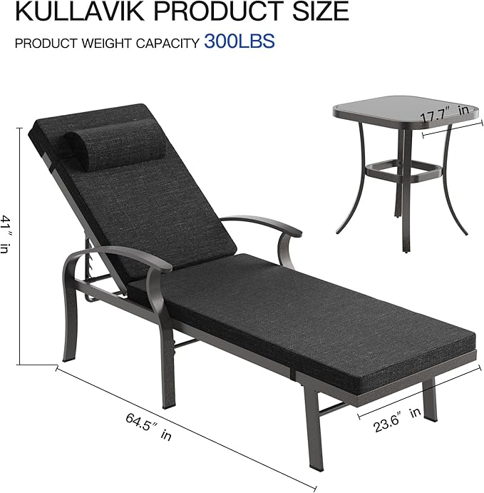 Trumbeak Patio Lounge Chairs Set of 3,Outdoor Lounge Chairs with 5 Adjustable Positions Backerst,Armrest Lounge Chair for Beach,Yard,Balcony,Poolside,Black
