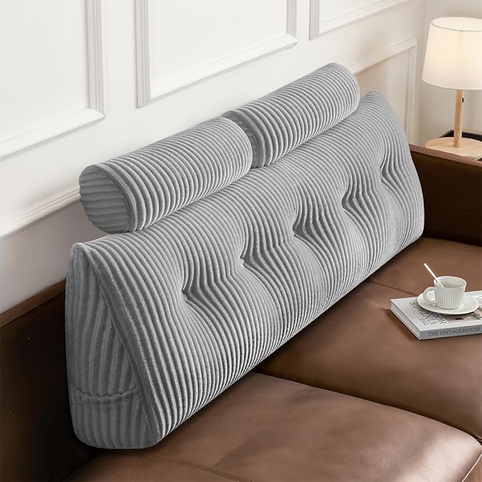 Z-hom Large Wedge Pillow Headboard, Queen Triangular Headboard Pillow, Reading Pillow Bed with a Roll Pillow for Bed Sitting Up Sleeping, Backrest Cushion Headboard Gap Pillow for Back, Light Gray