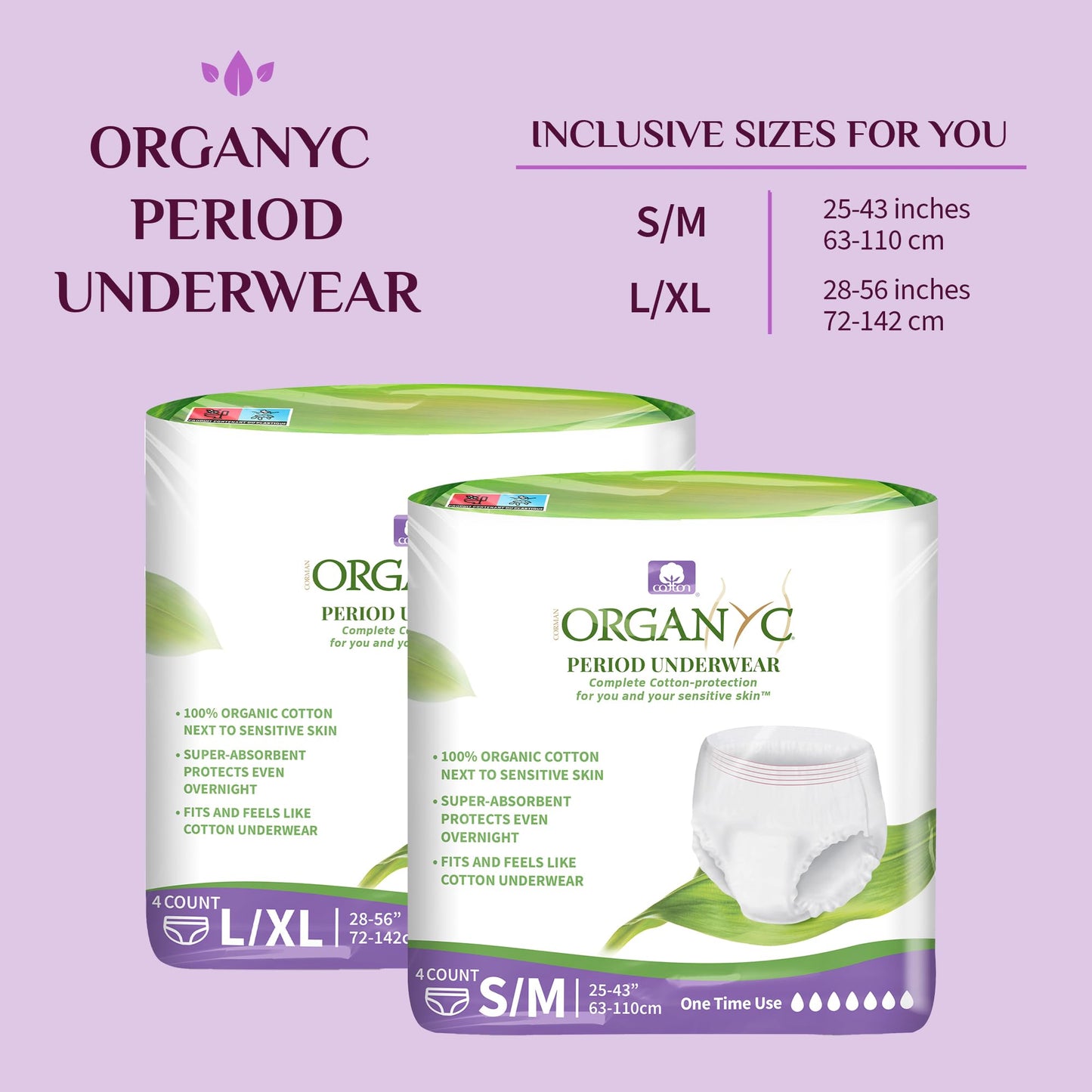 Organyc - Certified Organic Cotton Disposable Period Underwear for Sensitive Skin, Super Absorbent for Women, All-Day or Overnight, S/M, 4 Count
