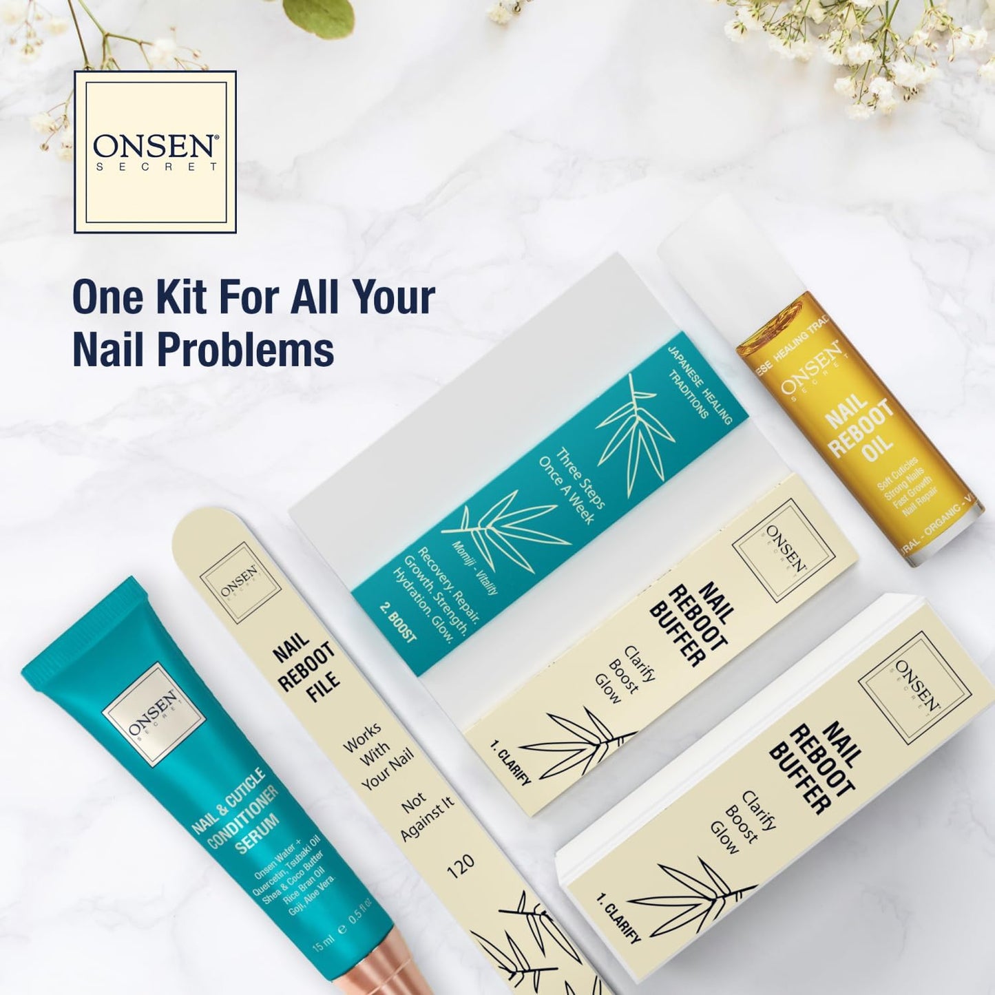 Onsen Secret Ultimate Nail Reboot Kit - Professional Nail File and Buffer, 3-Way Block w/Replacement Pads, Nail Strengthening Cuticle Cream, Reboot Oil & Anti Aging Hand Lotion