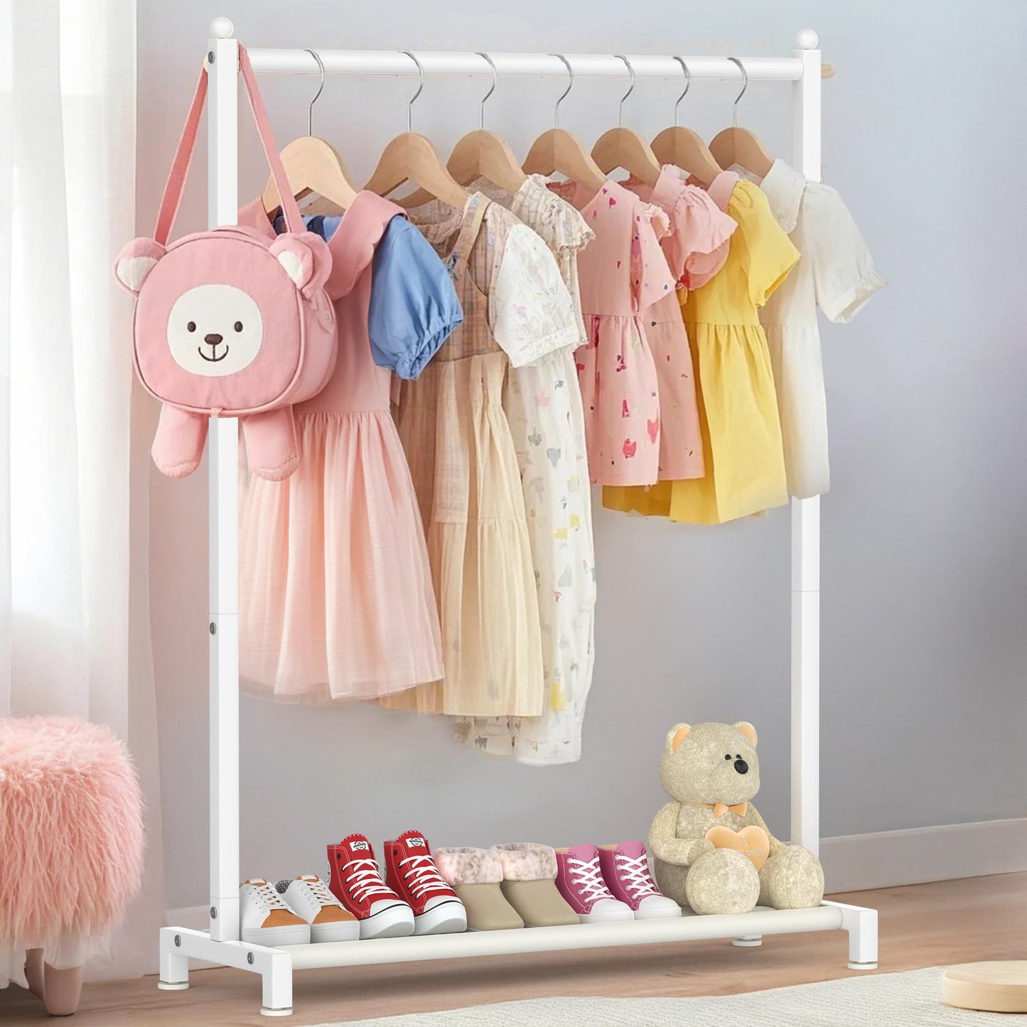 Livilord Kids Clothing Rack with Bottom Storage Shelf, Metal Clothes Rack for Kids Dress Up Storage, Freestanding Dance Costume Garment Rack for Hanging Clothes, White