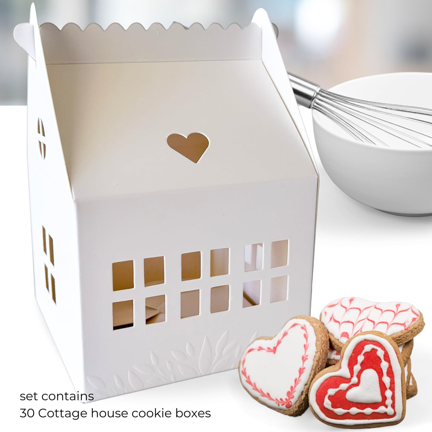 Karentology 30 Pcs Cottage House Shaped Gift Boxes with Embossing for Treats, Desserts, Fancy Cookie, White Gable Bakery Packaging