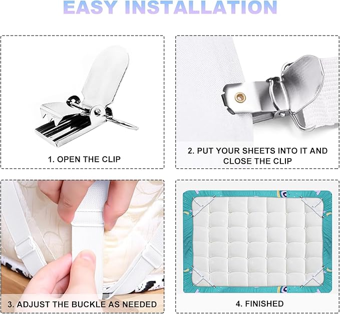 4 PCS Fitted Bed Sheet Straps - Elastic Suspenders with Metal Clips for Bed Sheets, Mattress Covers, Sofa Cushions - Adjustable Fasteners to Keep Sheets Wrinkle-Free (White-4pcs)