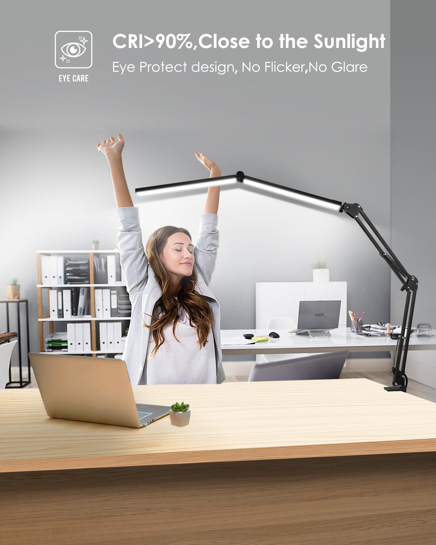 LED Desk Lamp with Clamp, Double Head with Remote Control, 55" Adjustable Swing Arm Architect Desk Lamp, Memory Function for Home Office, Workbench, Reading, Craft, Drafting