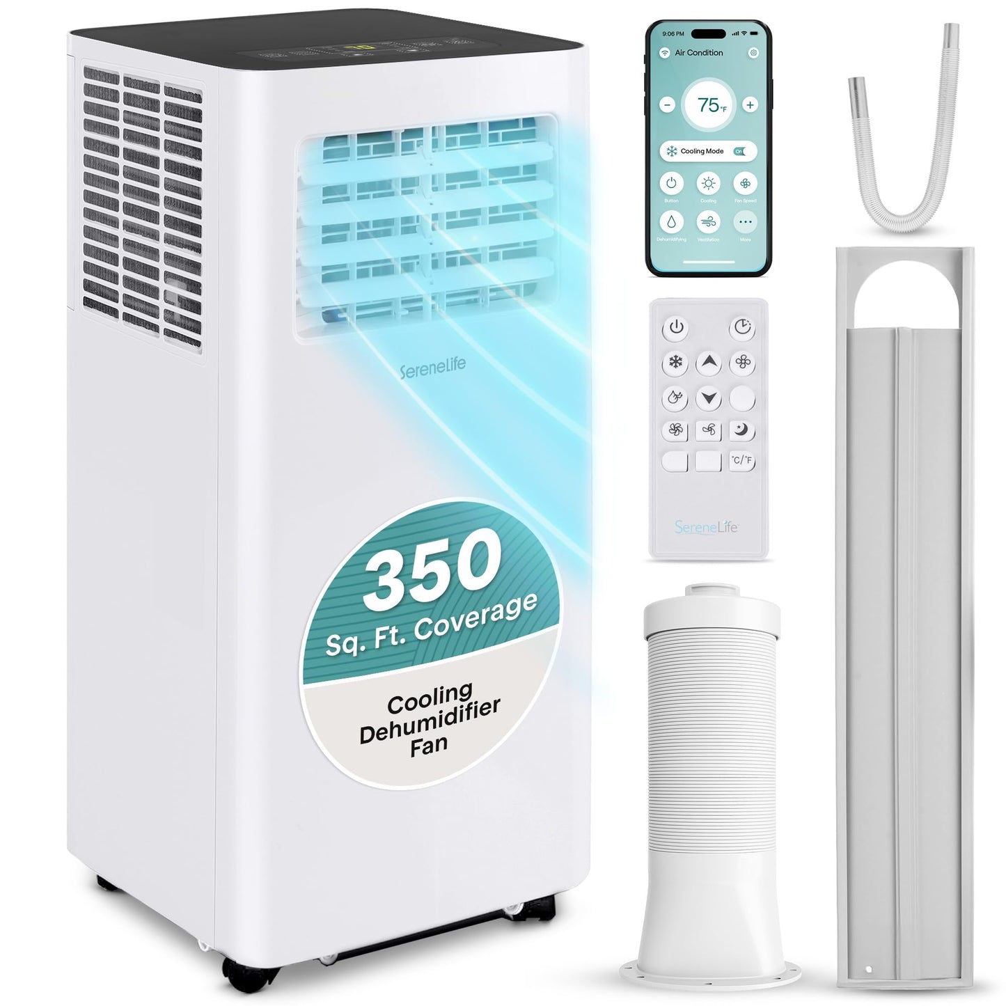SereneLife Small Air Conditioner Portable 8,000 BTU with Built-in Dehumidifier - Portable AC unit for rooms up to 350 sq ft - WiFi app + Remote Control, Window Mount Exhaust Kit