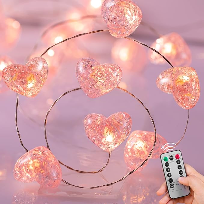 Valentine’s Day Fairy String Lights - 10.5 ft 30 LED Pink Heart Battery Operated Fairy Lights with Timer and Remote, Twink...