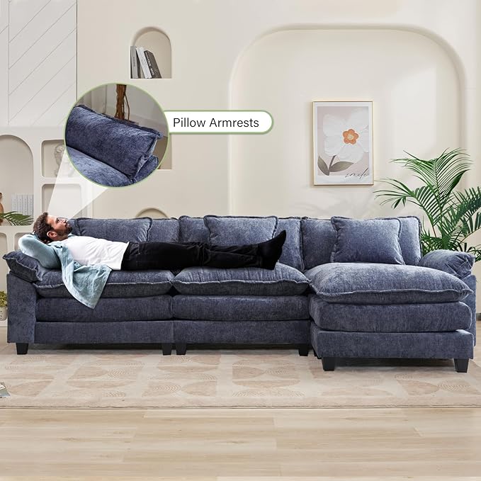 Oprisen 120" Modular Sectional Sofa, Comfy Cloud Couch Sectional Sofa with Ottoman, Chenille Sofa Sleeper Deep Seat Sofa with Throw Pillows for Living Room (Blue, 120"- L Shape)