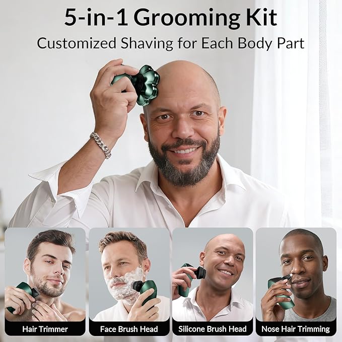 Head Shavers for Bald Men - 7D Arc Electric Razor with Magnetic Detachable Head, Waterproof Wet Dry 5-in-1 Electric Shaving & Grooming Kit, LED Display Head & Body Hair Shaver, Dark Green