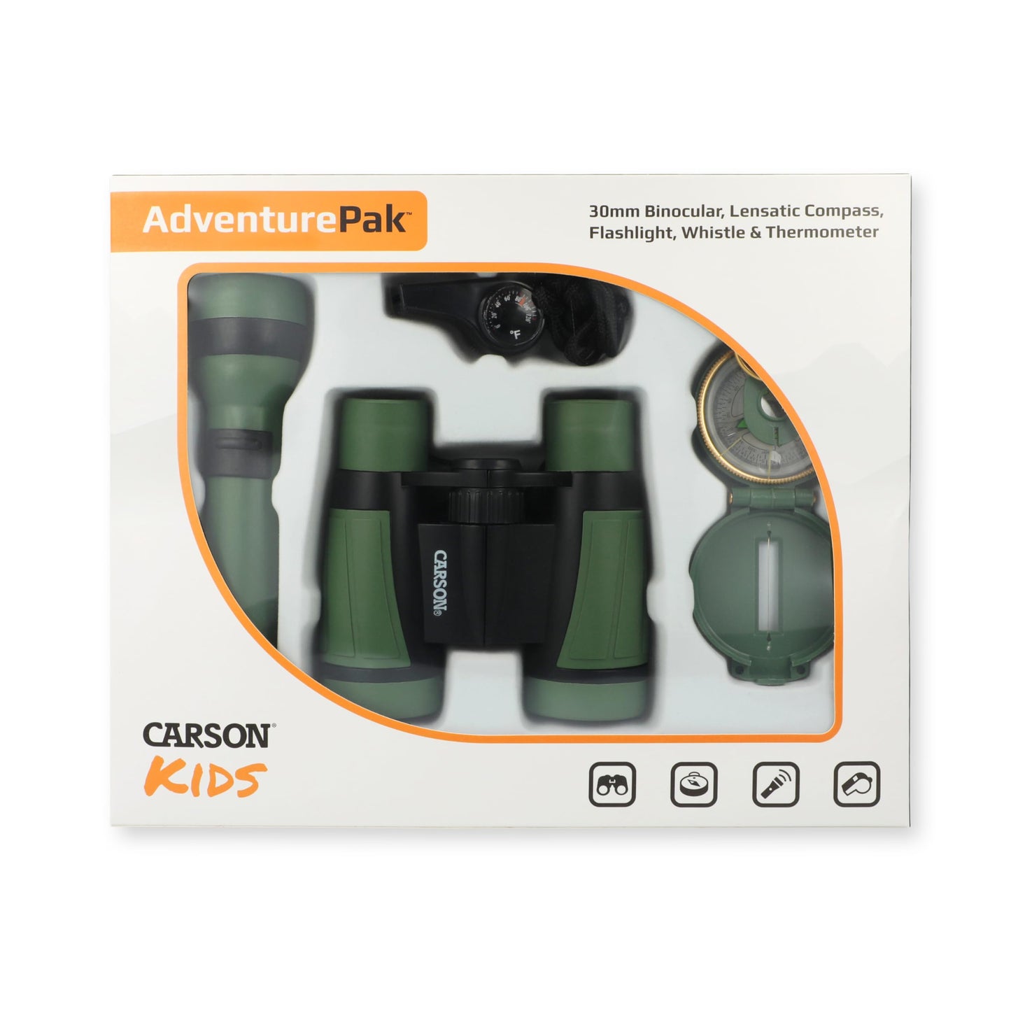 Carson Adventurepak Containing 30Mm Kids Field Binoculars, Lensatic Compass, Flashlight And Signal Whistle With A Built-In Therm