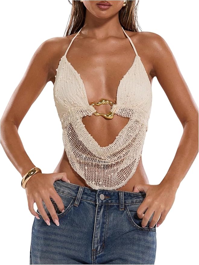 MakeMeChic Women's Y2k Halter Top Tie Open Back Metal Ring Draped Front Sequin Rave Club Party Going Out Tops