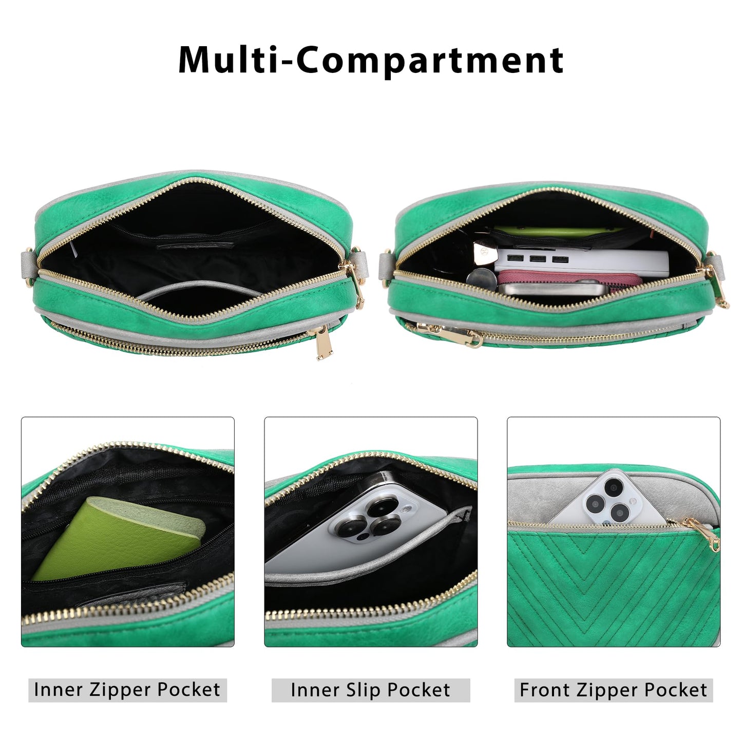 VONMAY Crossbody Purse for Women Quilted Crossbody Bags Vegan Leather Purses Small Shoulder Handbags with Wide Strap (Green/Grey)