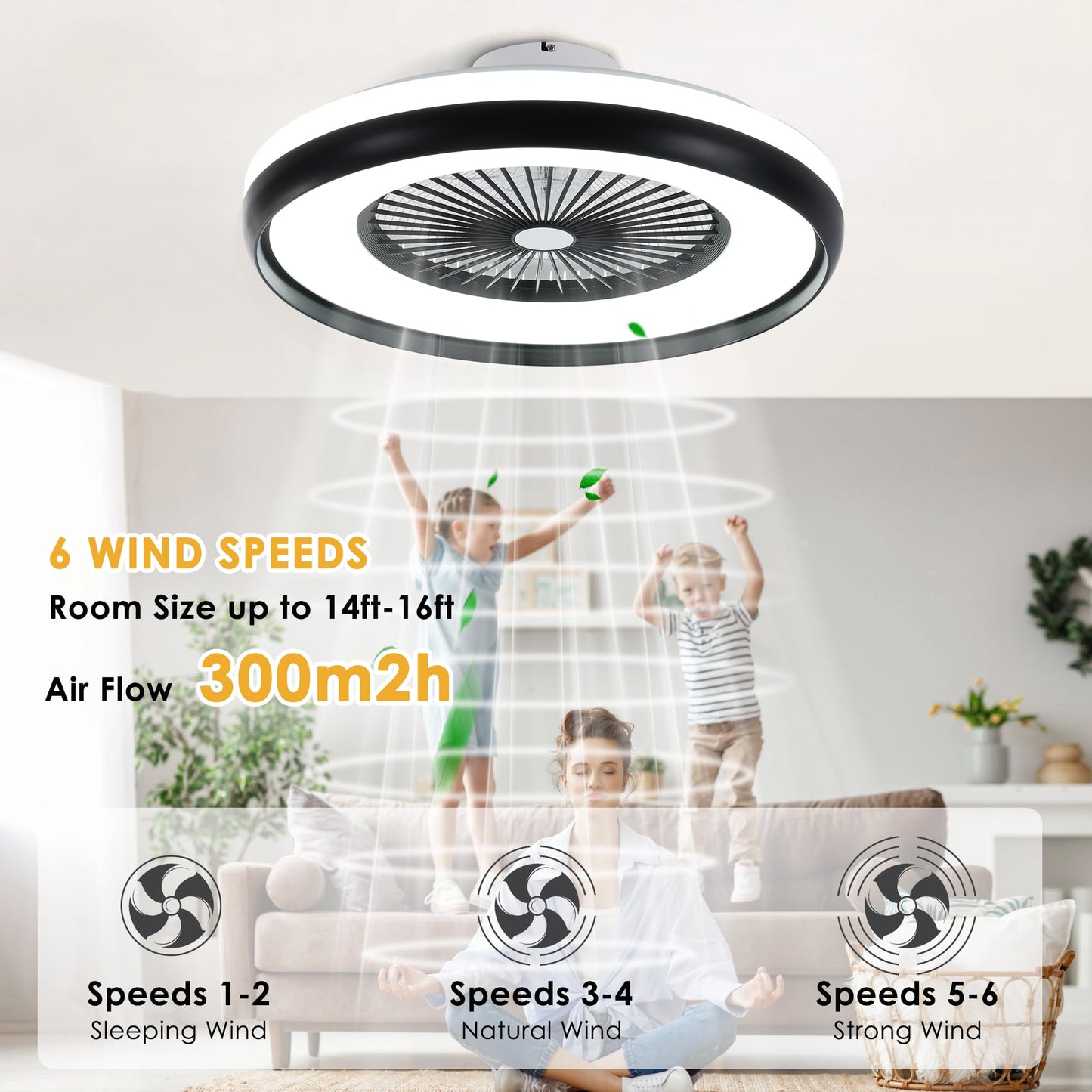 HUMHOLD 24" Bladeless Ceiling Fan with RGB Light Remote, Smart LED Ceiling Fans with Voice/App Control, Modern Low Profile Dimmable Light Ceiling Fan for Bedroom Living Room Black