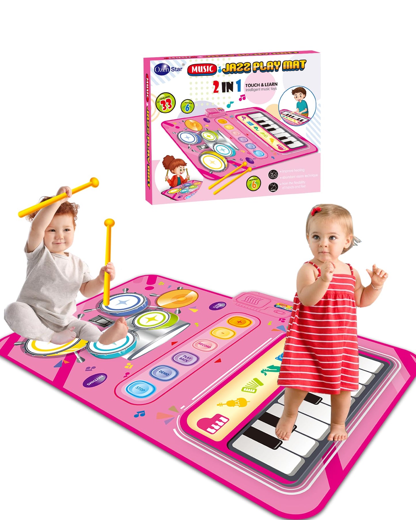 Toys for 1 Year Old Girl Gifts, Baby Musical Mat with Piano & Drum, Adjustable Volume, 12-18 Months Toddler Toys, Christmas Birthday Easter Gifts for 1-2 Year Olds Boys Girls (Pink)