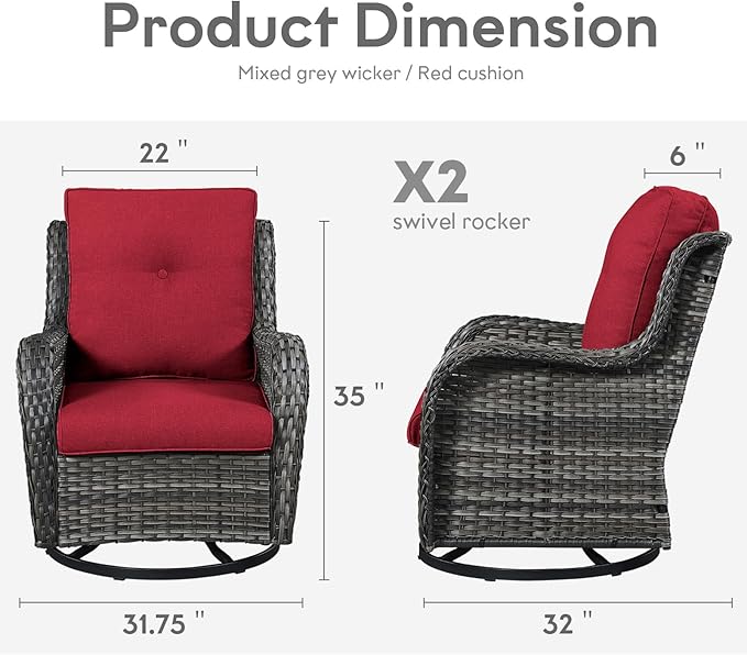 Belord Outdoor Swivel Rcoker Wicker Chairs - Swivel Patio Chairs Set of 2 Patio Furniture Sets with Covered Cushion for Porch Deck Balcony Backyard, Red