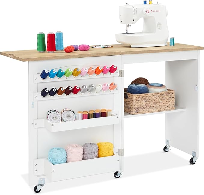 Best Choice Products Folding Sewing Table Multipurpose Craft Station & Side Desk with Compact Design, Wheels, Shelves, Sto...