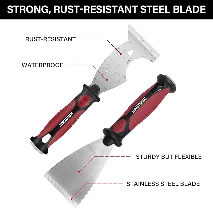HAUTMEC Putty Knife 4 PC Set, 1.25",2",3" Paint Scraper & 3" 8-in-1 Paint Stripper, Heavy Duty Stainless Steel Blade and Hammer End for Removing Wallpaper, Plaster, Cement 25060