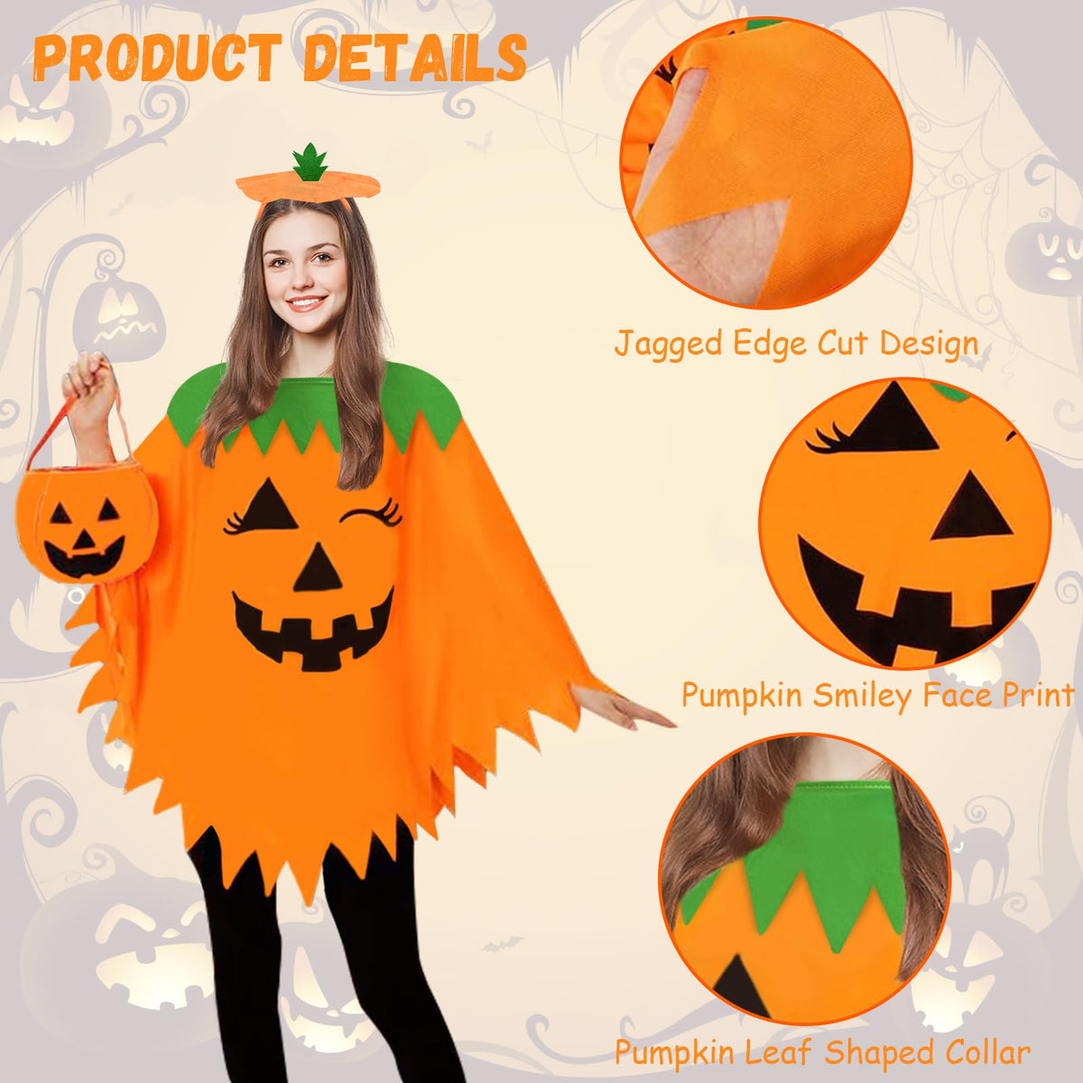AOLIUP Halloween Pumpkin Costume for Women: Funny Adult Pumpkin Poncho Costumes for Halloween Cosplay Party Clothes with Headband Bag