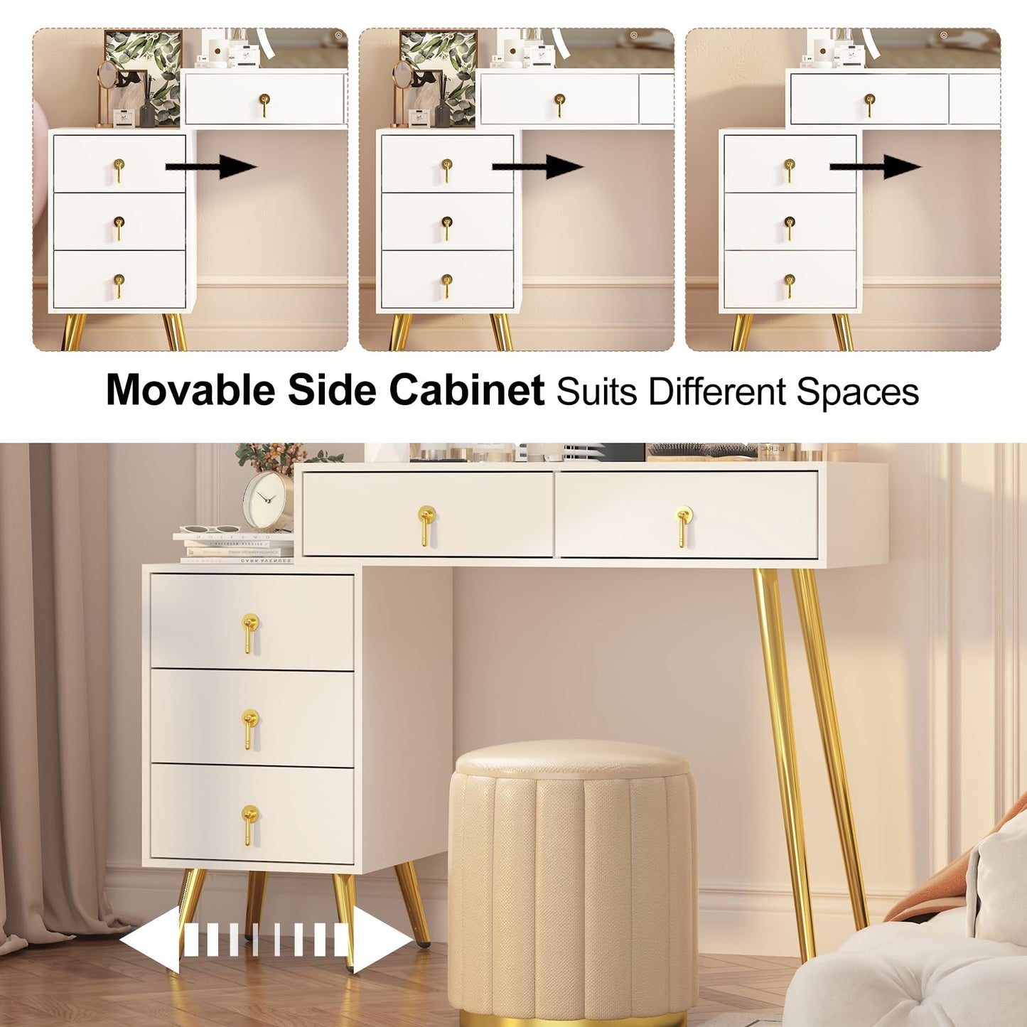 MUSSTUFIC Vanity Desk with Mirror and Lights,Makeup Table with 5 Drawers and Led Lighted Mirror in 3 Colors for Bedroom,Dressing Table(White)
