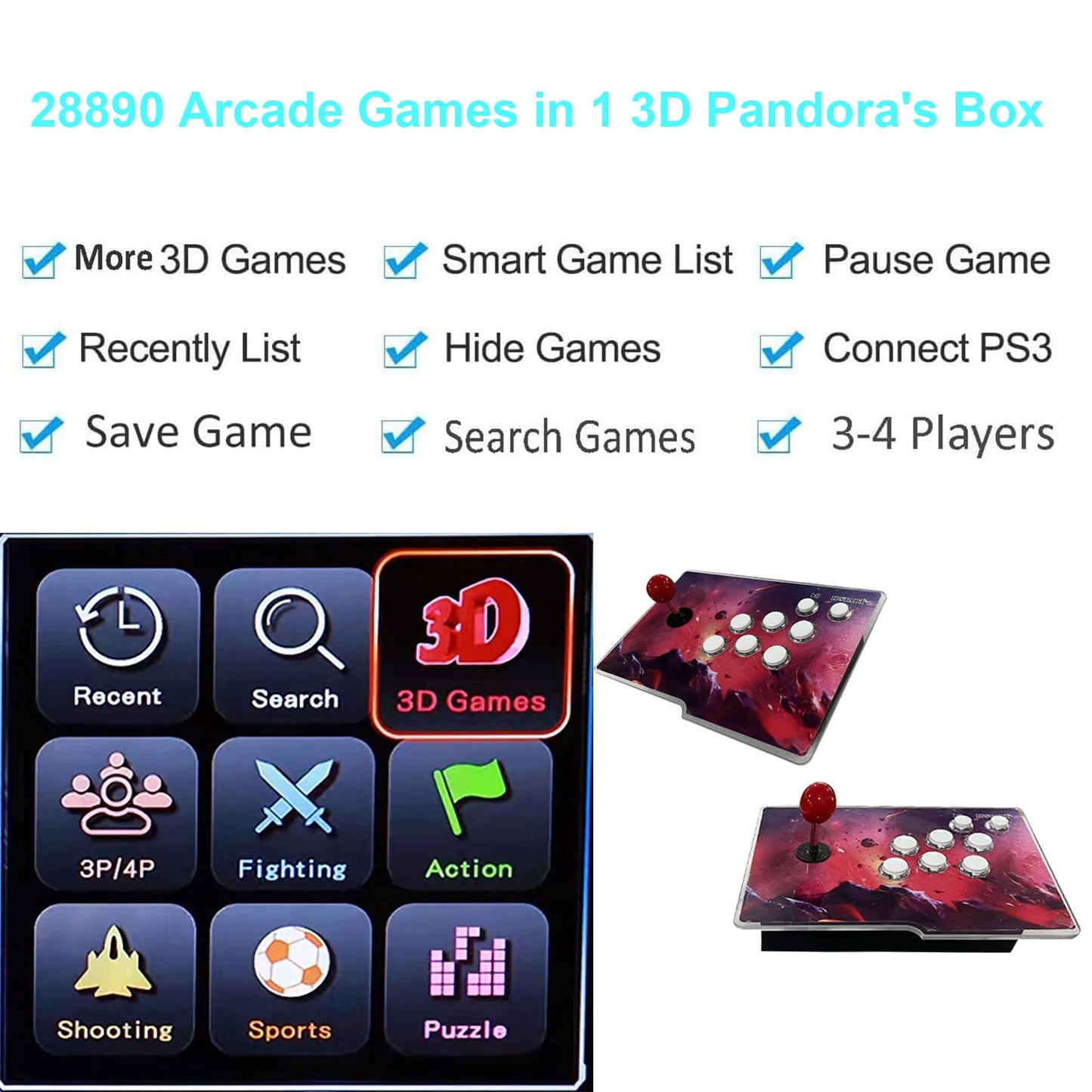VEGAMED 3D Pandoras Box with 31800 Classic Games Installed, Separate 2 in 1 Arcade Game Console, Support 3D, 1280x720 Full HD, Search/Save/Hide/Pause Game up to 4 Players