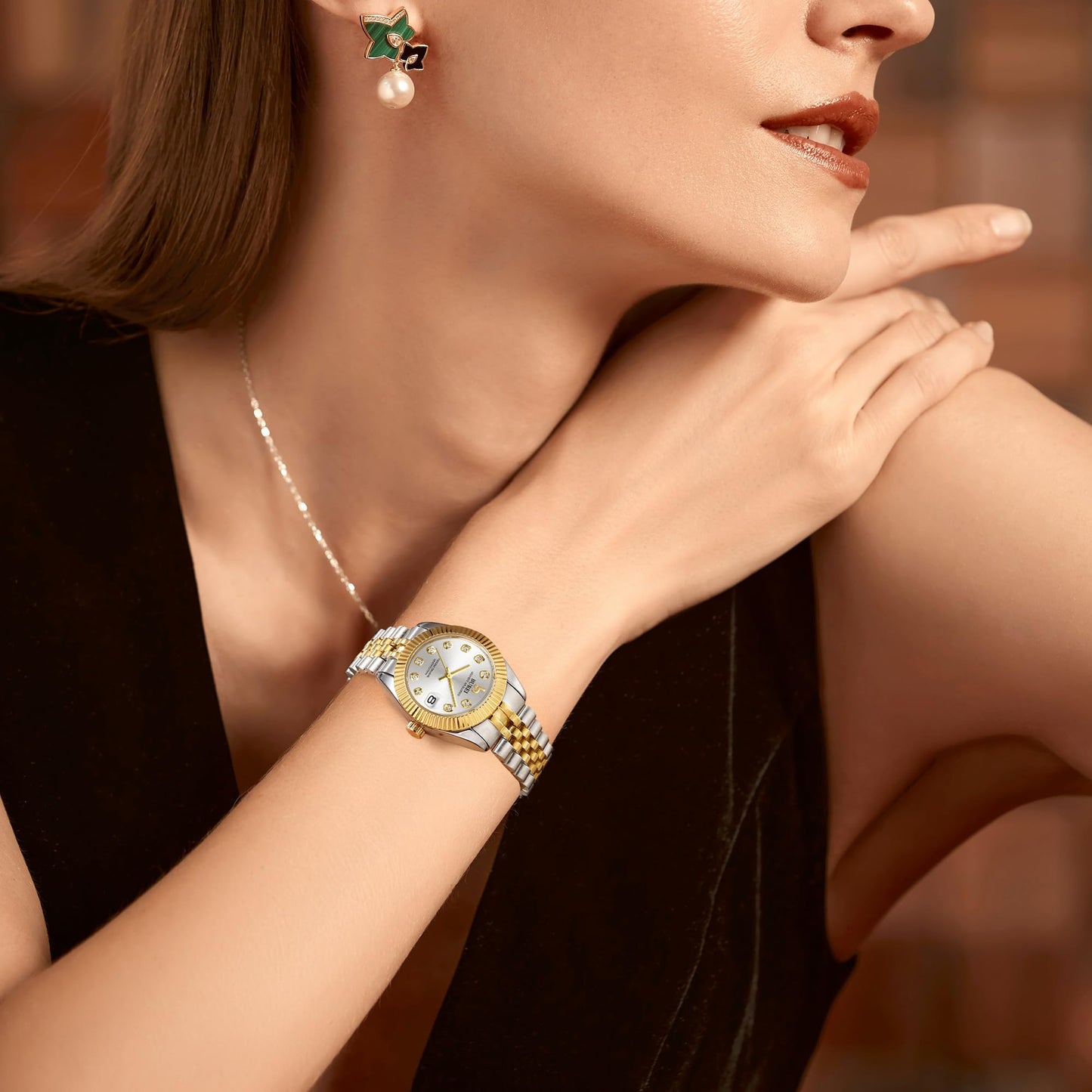 BUREI Women's Golden Watch Silver Stainless Steel Classic Quartz Women Watches with Date Fashion Business Small Face Diamond Waterproof Ladies Watches,Gift for Women