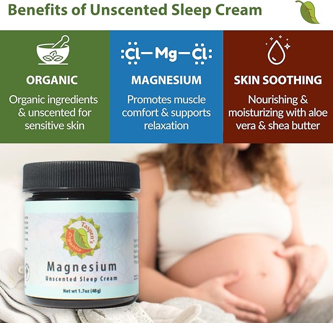Taspen's Organics Magnesium Unscented Sleep Cream | Natural Nighttime Topical Magnesium for Babies, Toddlers, Kids & Pregnancy | Promotes Relaxation, Deep Sleep & Soothes Muscles (1.7 oz)