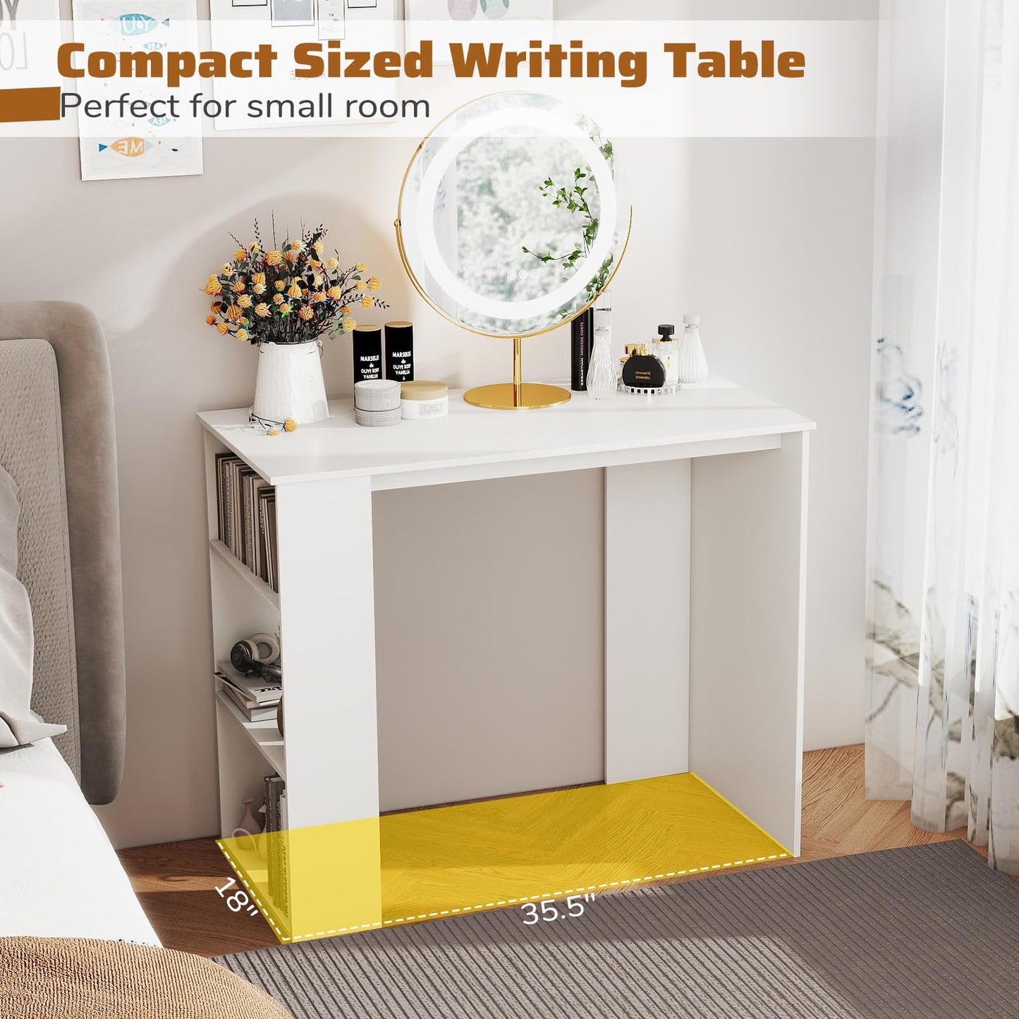 Giantex Small Computer Desk, 35.5 Inch Compact Home Office Desk with Storage Bookshelf, Vanity Table, Modern Laptop Computer Workstation, Student Teen Study Writing Desk for Small Spaces, White