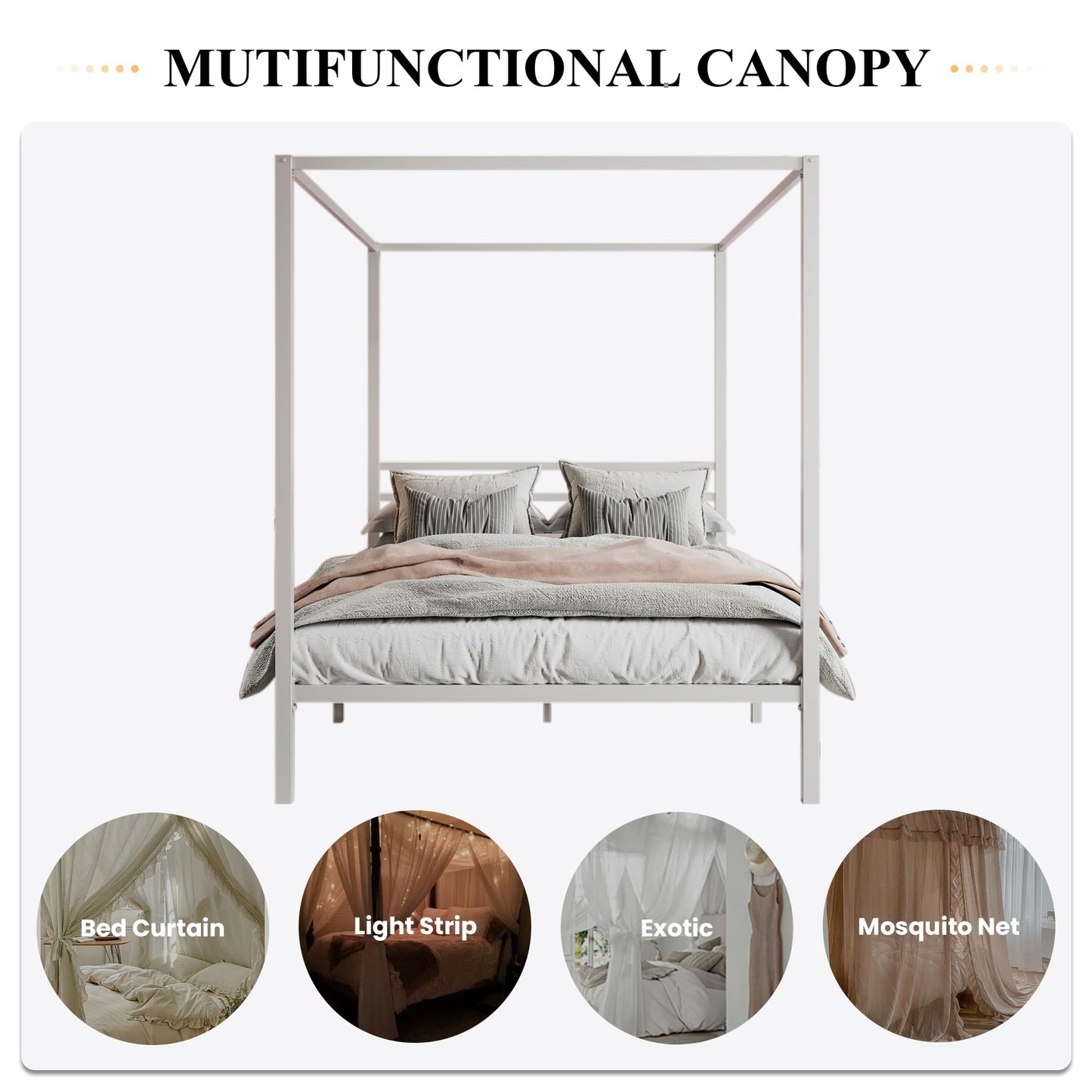 SHA CERLIN Metal Canopy Bed Frame Queen Size/Mattress Foundation with Metal Slats Support/No Box Spring Needed/Easy Assembly/White
