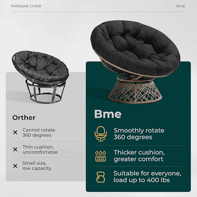 Bme 40" Ergonomic Wicker Papasan Chair with Soft Thick Cushion & Frame, 360° Swivel, Circle, Reading, Comfy Chair for Living Room, Bedroom