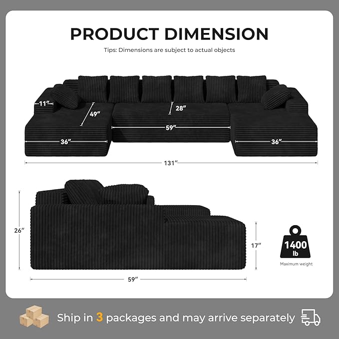 131'' Large Sectional Couches with Chaise, U Shaped Cloud Sofa, No Assembly Required Deep Seat Modular Lounge Bed for Living Room 1PCS, Bedroom