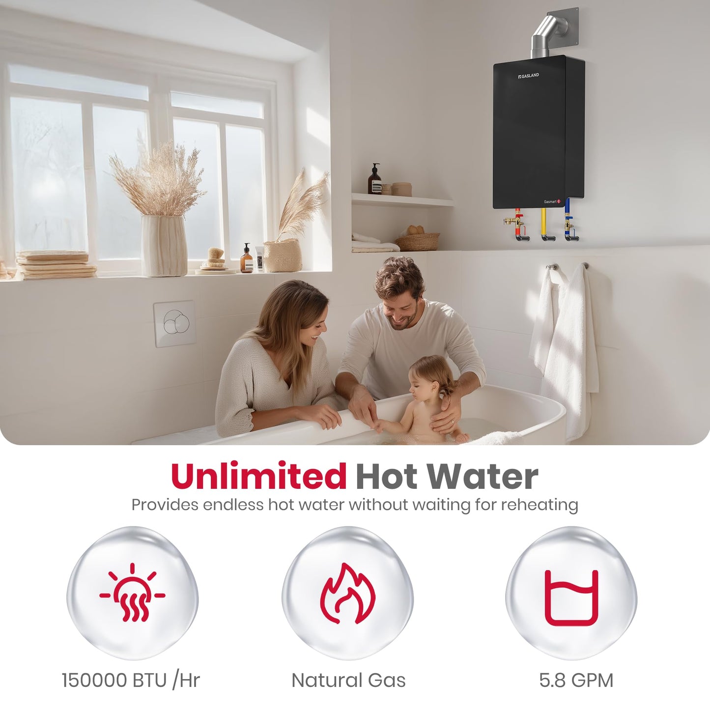 GASLAND Gasmart E Natural Gas Tankless Water Heater Indoor, Up to 5.8 GPM 150,000 BTU, CSA Certified Whole House Installation Residential On-demand Instant Hot Water Heater, CE528NG