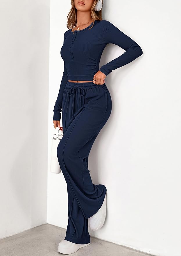 PRETTYGARDEN Women's 2026 Fall Trendy 2 Piece Outfits Lounge Sets Long Sleeve Top Henley Shirts Wide Leg Pants Travel Clothes