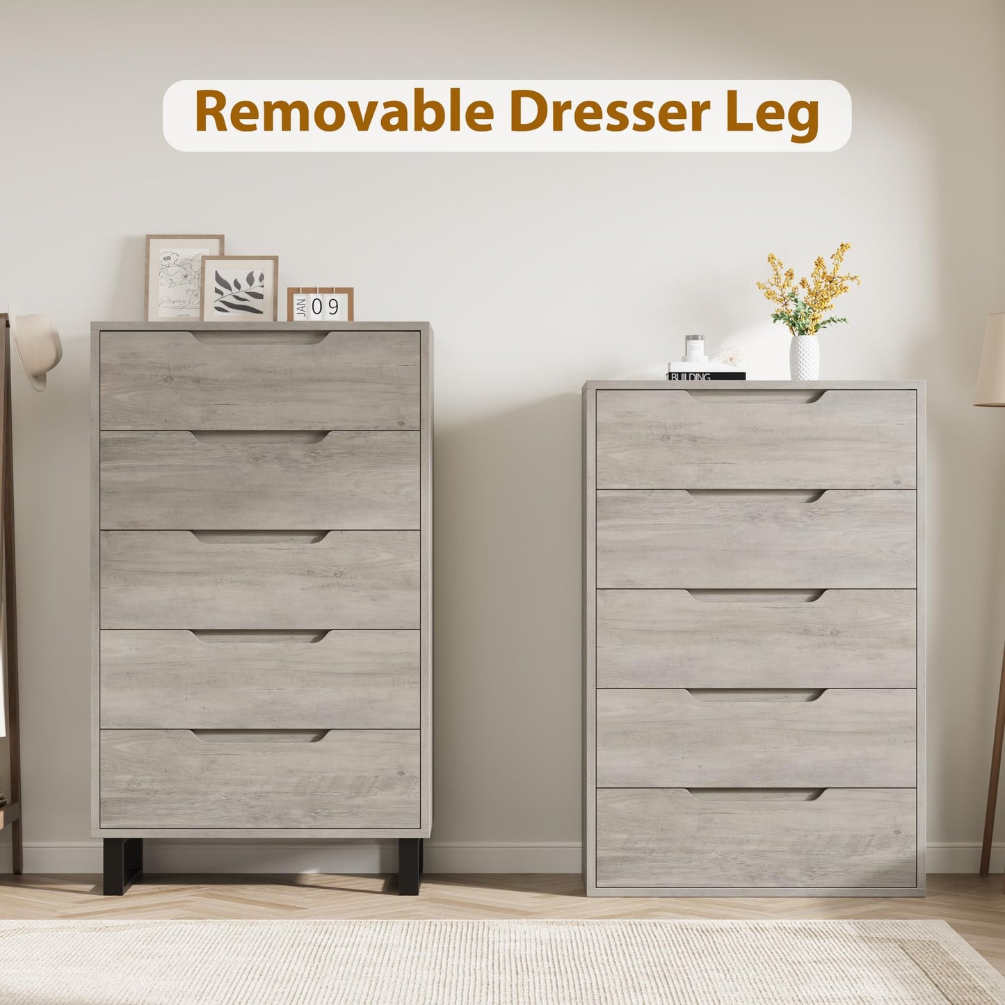 GarveeHome 5 Dresser for Bedroom, 50" Tall Dresser, Freestanding Vertical Drawer with Storage, Wooden Closet Chest Storage for Living Room, Hallway, Entryway, White