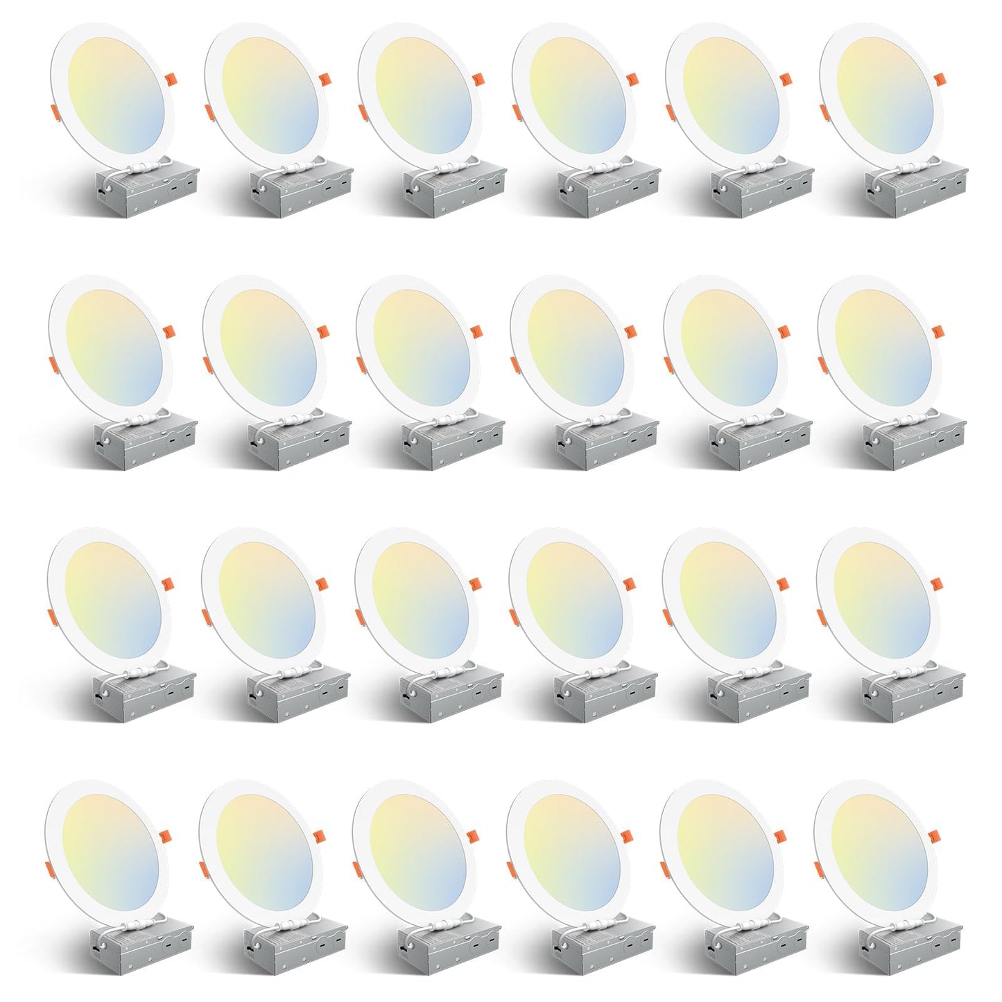 Amico 24 Pack 8 Inch 5CCT Ultra-Thin LED Recessed Ceiling Light with Junction Box, 2700K/3000K/3500K/4000K/5000K Selectable, 18W Eqv 125W, Dimmable Canless Wafer Downlight, 1500LM High Brightness -ETL