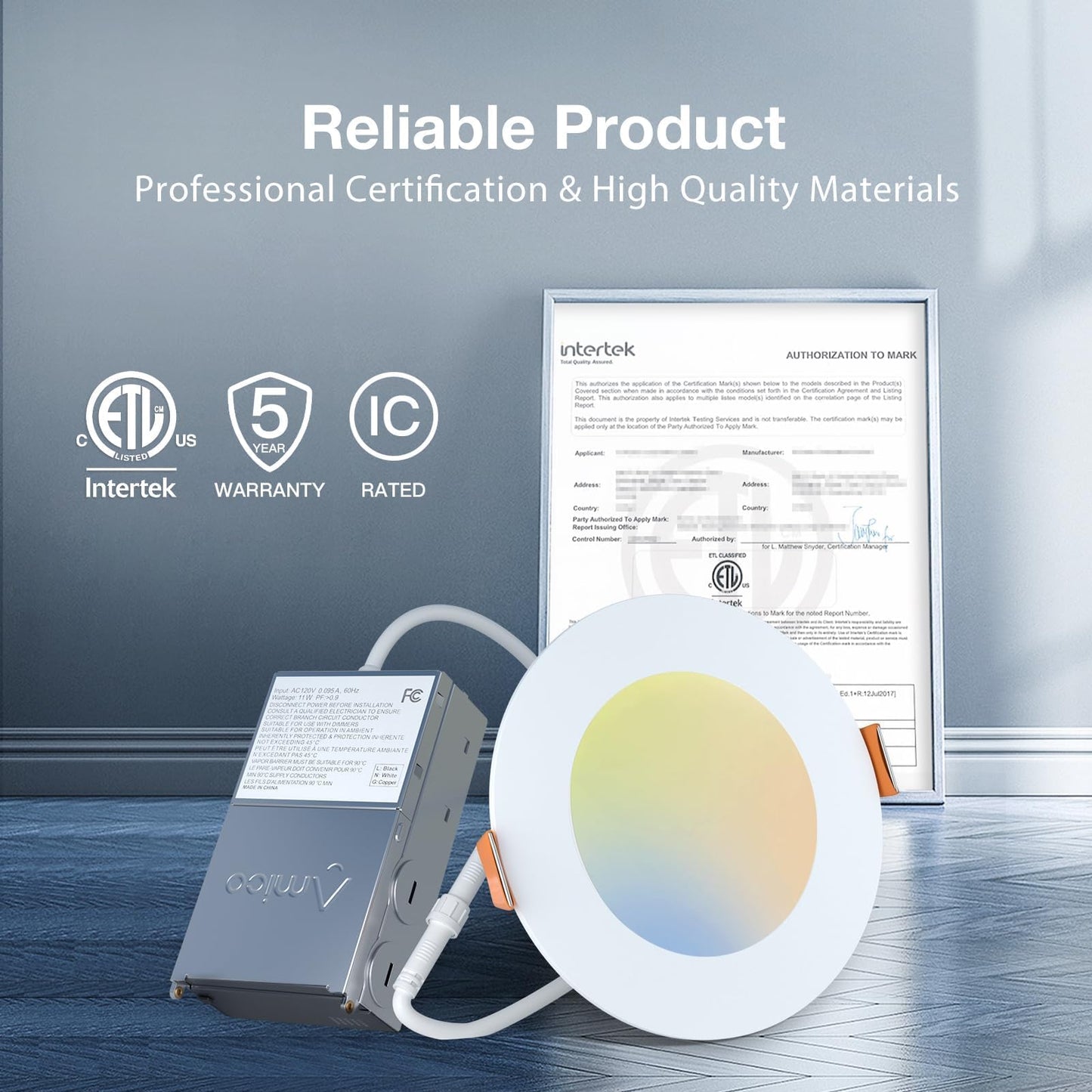 Amico 6 Pack 4 Inch 5CCT Ultra-Thin LED Recessed Ceiling Light with Junction Box, 2700K/3000K/3500K/4000K/5000K Selectable, 11W Eqv 70W 800LM Brightness Dimmable Canless Wafer Downlight, ETL & FCC