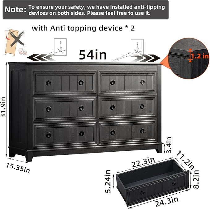 Joaxswe Farmhouse Dresser and Nightstand Sets 3 Piece, Furniture Set 18" Night Stand with Charging Station and 6 Drawers Dressers for Bedroom, 54" Dresser and Nightstand Set for Bedroom, Living Room